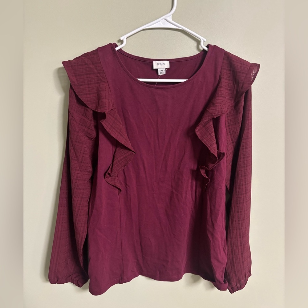 J.Crew Ruffle-Shoulder Top with Plaid Jacquard Sleeves Womens Size Medium New